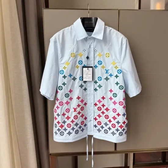 Luxury Floral Monogram Short Shirt - Premium Replica Design Replica LV-Inspired Monogram Flowers Short Shirt - Floral Embroidered Summer Top